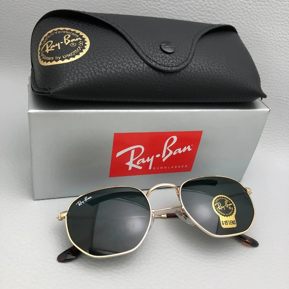 Ray-Ban Women's Gold Frame 51mm Black Lens Hexagon Sunglasses Like New - Picture 2 of 16